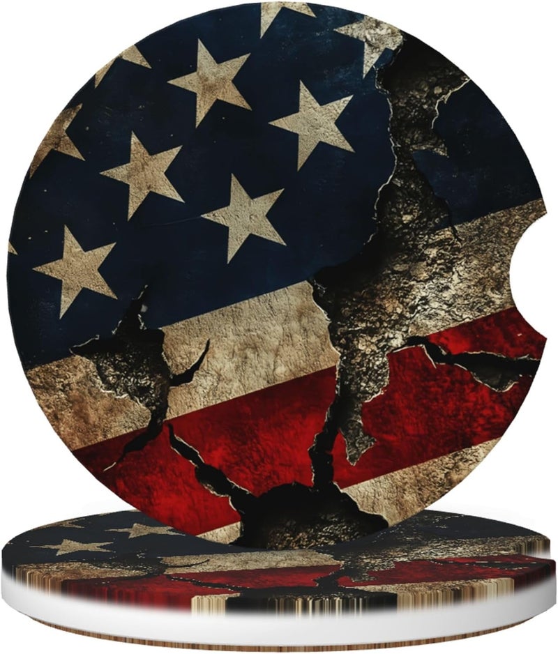 CTVSLFU Absorbent Car Coasters for Cup Holders, 2 Pack Universal Anti Slip Ceramic Cup Coaster for Women Men 2.56 Inch Car Interior Accessories - Vintage American Flag 011 - Image 1
